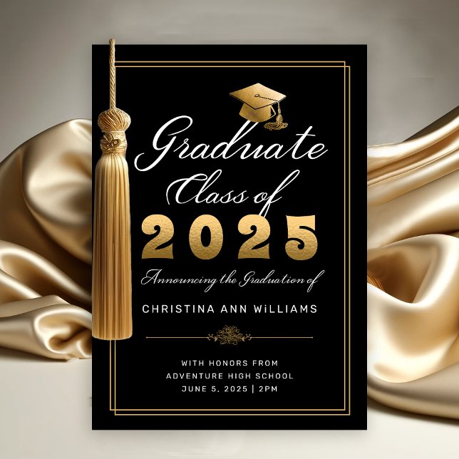Anuncio Elegante Black Gold Script Clase de Graduación 202 (Elegant Gold White Script on Black with thin gold frame Graduation Announcement)