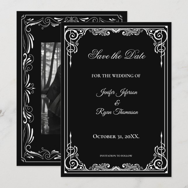 Anuncio Elegante boda en blanco y negro, guarde la fecha (Anverso / Reverso)