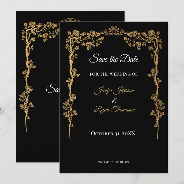 Anuncio Elegante boda negra y dorada, guarde la fecha (Anverso / Reverso)