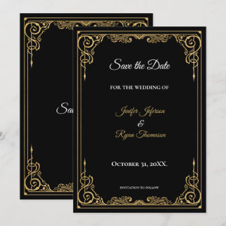 Anuncio Elegante boda negra y dorada, guarde la fecha