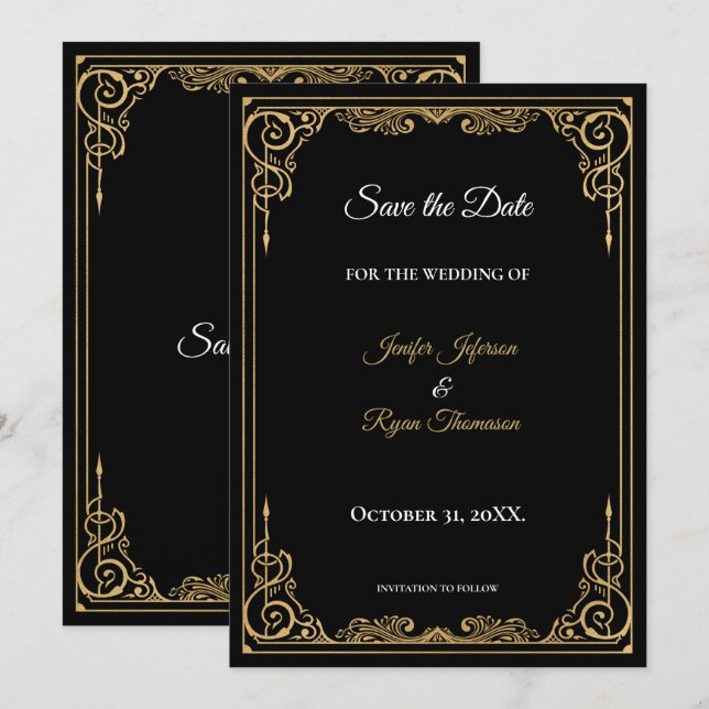Anuncio Elegante boda negra y dorada, guarde la fecha (Anverso / Reverso)