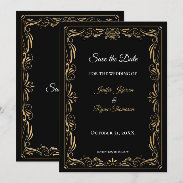 Anuncio Elegante boda negra y dorada, guarde la fecha (Anverso / Reverso)