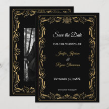 Elegante boda negra y dorada, guarde la fecha