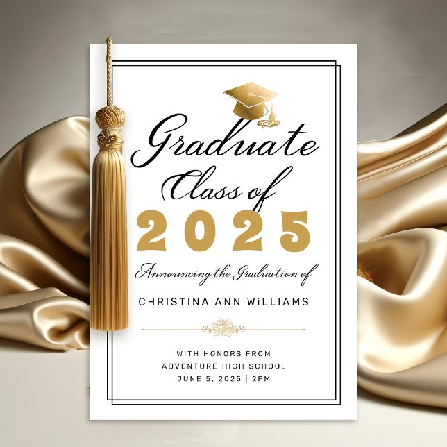Anuncio Elegante Clase de Graduado Negro Oro Blanco de 202 (Elegant White Gold Script Graduation Announcement)