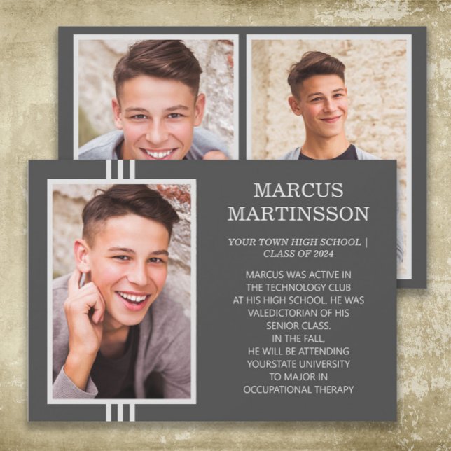 Anuncio Elegante clase de gris moderno de graduación 2024  (Brown 3-photo graduation announcement card for boys)