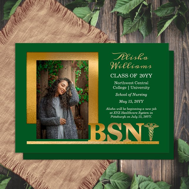 Anuncio Elegante Clásico Caduceo de BSN en Foto Verde Oscu (Elegant Classy Gold Tone BSN Caduceus Photo Dark Green Graduation Announcement - Print | Digital )