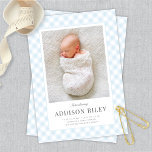 Anuncio Elegante Classic Blue Gingham Baby Birth<br><div class="desc">Este diseño de anuncio de nacimiento,  sencillo pero elegante,  presenta una foto vertical,  una tipografía hermosa y un marco de patrón de gingham azul clásico. Puede realizar un personalizar adicional de este diseño agregando otra foto o texto adicional al fondo.</div>