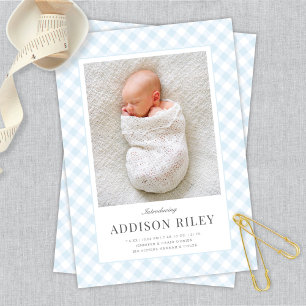 Anuncio Elegante Classic Blue Gingham Baby Birth