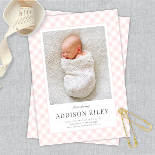 Anuncio Elegante Classic Pink Gingham Baby Birth