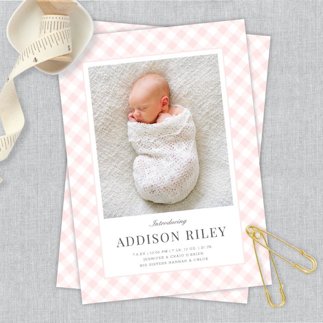 Anuncio Elegante Classic Pink Gingham Baby Birth (Subido por el creador)