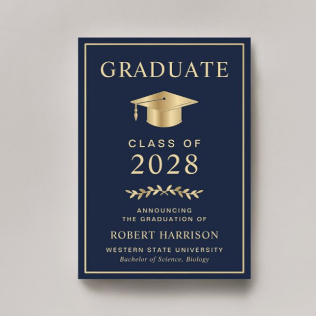 Anuncio Elegante College Blue Gold Graduación (Cherish the milestone: share your graduate's achievement with a custom graduation announcement)