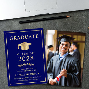 Anuncio Elegante College Photo Navy Blue Gold Graduación