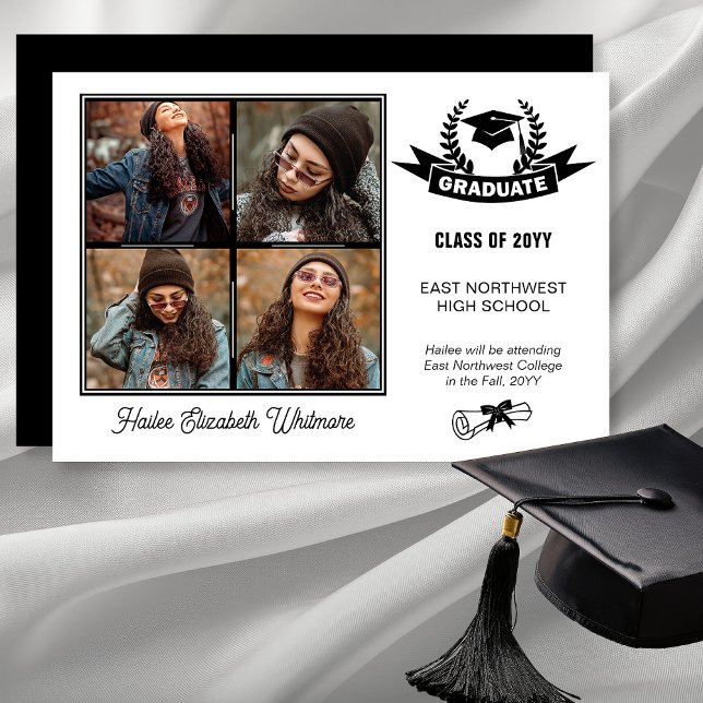 Anuncio Elegante cuatro fotos negro | Graduación blanca (Elegant Four Photo Black on White Background Graduation Announcement - Print | Digital Download)