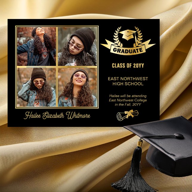 Anuncio Elegante cuatro fotos negro | Graduación de oro (Elegant Four Photo Black and Gold Tone Graduation Announcement - Print | Digital Download)
