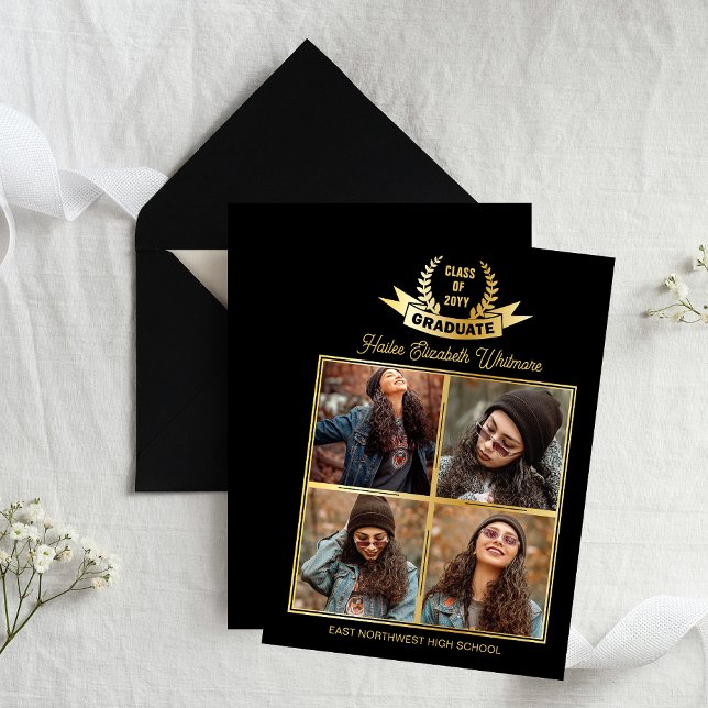 Anuncio Elegante cuatro fotos negro | Graduación de oro (Elegant 4 Photo Collage "Graduate" Laurels High School Graduation Announcement - Black | Gold Tone)