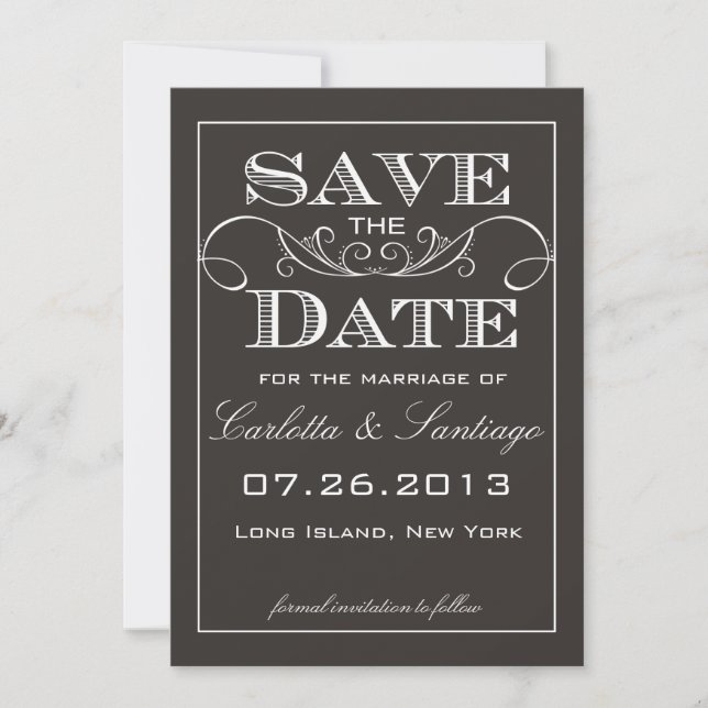 Anuncio elegante de Save the Date en negro (Anverso)