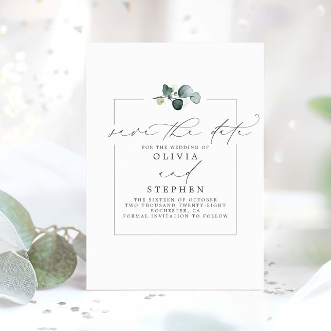 Anuncio Elegante Eucalyptus Green Save The Date (Minimalist Save the Date Card)