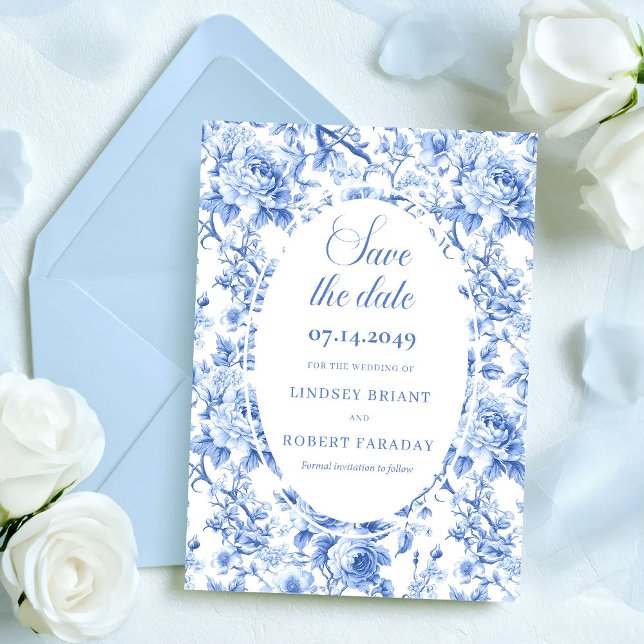 Anuncio Elegante Floral Azul Profundo para Guardar la Fech (Stylish Deep Blue Floral Save the Date Wedding Card)