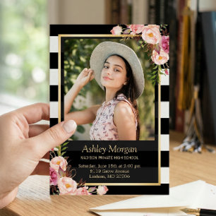 Anuncio Elegante Floral Gold Black Stripes Blancas Graduac