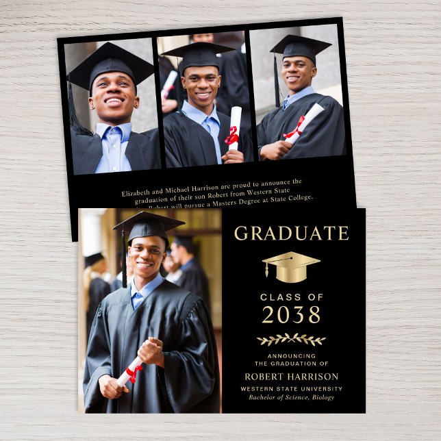 Anuncio Elegante foto de graduación de Black Gold College (An elegant college graduation announcement to celebrate the graduate's achievements)