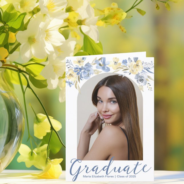 Anuncio Elegante foto de graduación floral amarillo azul (Subido por el creador)