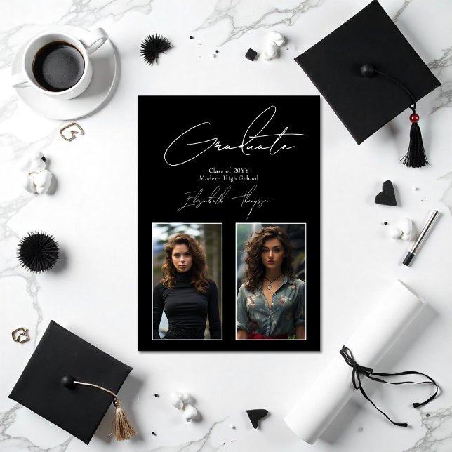 Anuncio Elegante foto de graduación moderna en blanco y ne (Elegant Black and White Modern Graduation Photo Announcement)