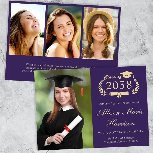Anuncio Elegante foto graduación de la Escuela de Oro Púrp (An elegant college graduation announcement to celebrate the graduate's achievements)