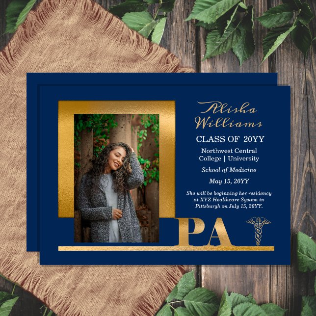 Anuncio Elegante Gold PA Caduceus 1 Photo Blue Grad (Elegant Gold Tone "PA" Physician's Assistant Caduceus One Photo Blue Graduation Announcement )