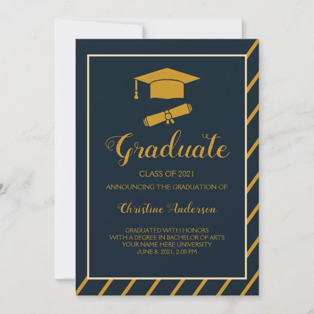 Anuncio elegante gorra de graduado de oro azul marino grad (Anverso)