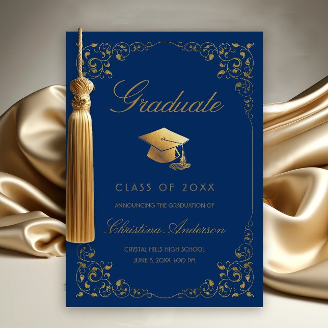 Anuncio Elegante Graduación Azul Real de Grado de Marfil d (Gold Leaf on Royal Blue Graduation Announcement)