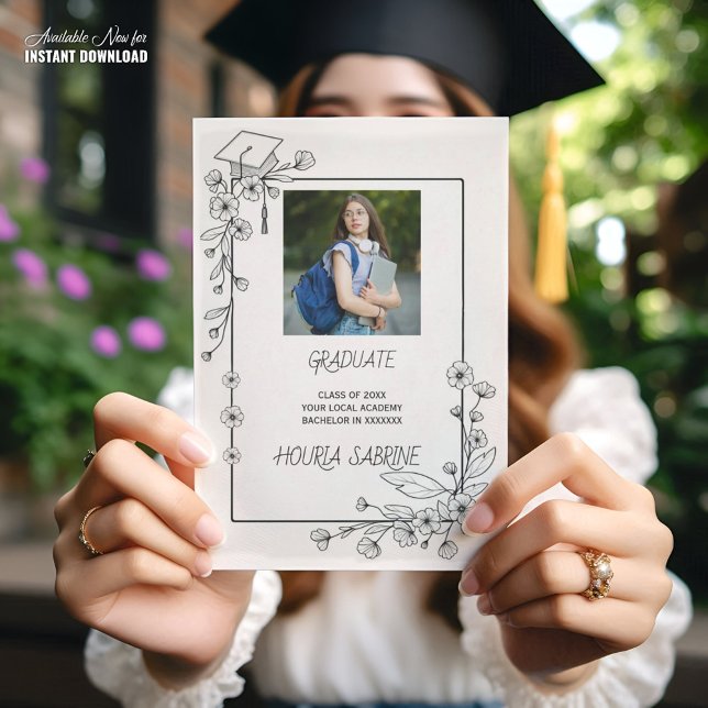 Anuncio Elegante Graduación Borde floral blanco y negro (Subido por el creador)