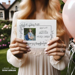 Anuncio Elegante Graduación Borde floral blanco y negro