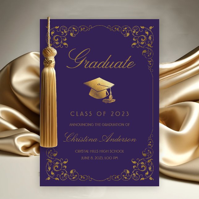 Anuncio Elegante Graduación de Grado de Marfil de Oro Grad (Gold Ivy Leaf on Purple Graduation Announcement)