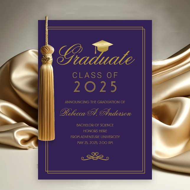 Anuncio Elegante Graduación de Grado de Oro Púrpura en la  (Purple and Gold College Graduation Announcement)