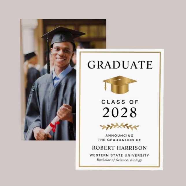 Anuncio Elegante Graduación de la Escuela Superior de Oro  (Cherish the milestone: share your graduate's achievement with a custom photo graduation announcement)