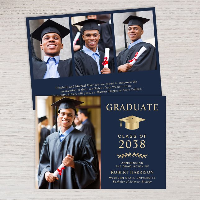 Anuncio Elegante graduación del Colegio de Oro Azul Foto (An elegant college graduation announcement to celebrate the graduate's achievements)