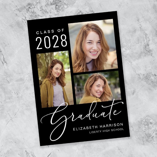Anuncio Elegante graduación negra de Collage de fotos (An elegant photo collage graduation announcement to celebrate the graduate's achievements)