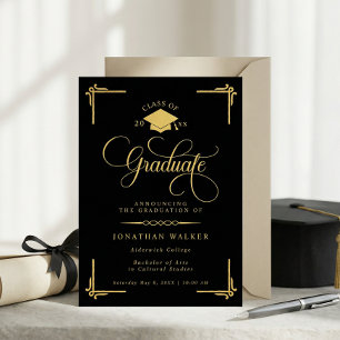 Anuncio Elegante Graduación Universitaria en Negro y Dorad