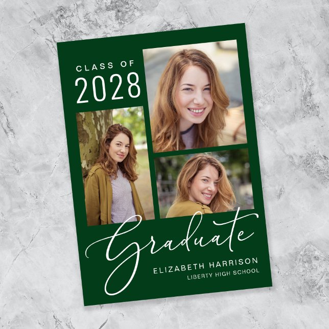 Anuncio Elegante graduación verde Collage de fotos (An elegant photo collage graduation announcement to celebrate the graduate's achievements)