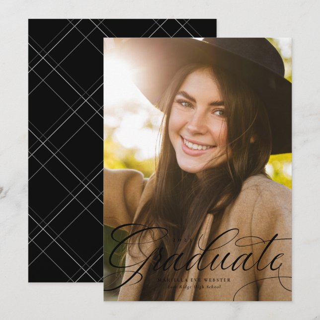 Anuncio Elegante graduación vertical negra de graduado de  (Anverso / Reverso)