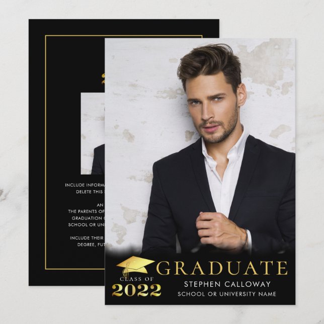 Anuncio Elegante Graduado 2022 Black Gold Metallic 2 Foto (Anverso / Reverso)
