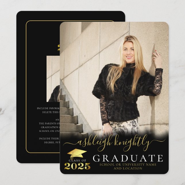 Anuncio Elegante Graduado 2025 Black Gold Script 2 Fotos (Anverso / Reverso)