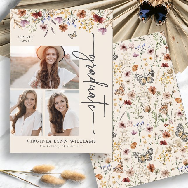 Anuncio Elegante Graduado de Fotografía de Flor Silvestre (Elegant Wildflower Collage Picture Graduate Announcement by Painted Paperie
)