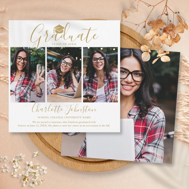 Anuncio Elegante Graduado de Guión Dorado 4 Graduación de  (Elegant Gold Script Graduate 4 Photo Graduation Announcement)