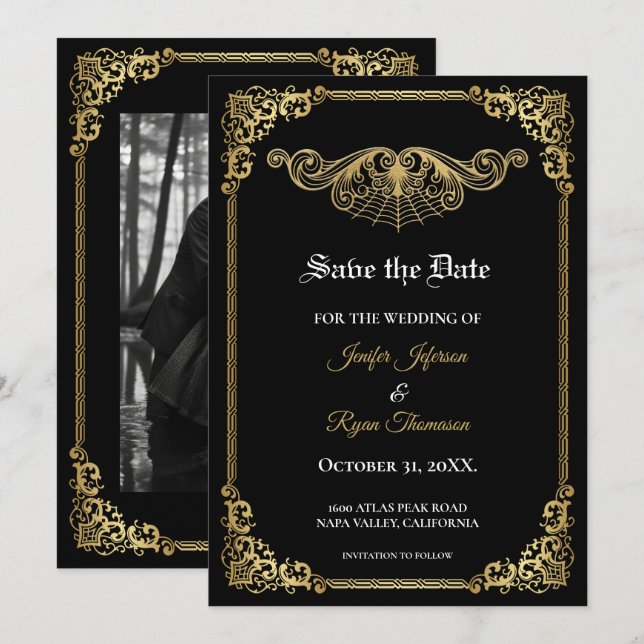 Anuncio Elegante guardar la fecha de boda gótico en oro (Anverso / Reverso)