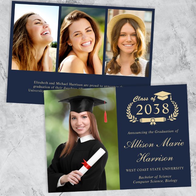 Anuncio Elegante guión Foto de graduación del Blue Gold Co (An elegant college graduation announcement to celebrate the graduate's achievements)