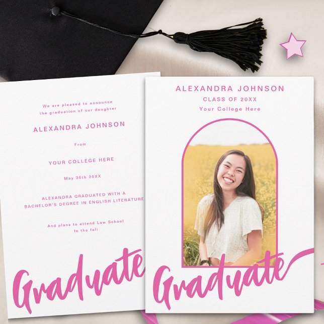 Anuncio Elegante guión rosa del arco de fotos de graduados (Elegant arch graduate photo hot pink script Graduation announcement card)