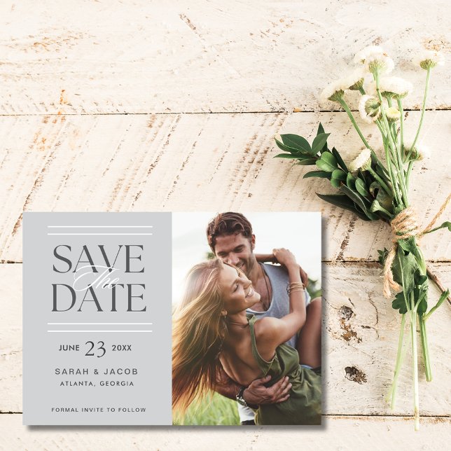 Anuncio Elegante matrimonio de fotos grises salva la fecha (Elegant Gray Photo Wedding Save the Date)