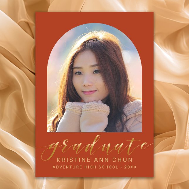 Anuncio Elegante Naranja Arch Gold Script Graduación de fo (Orange and Gold Script Photo Graduation Announcement)