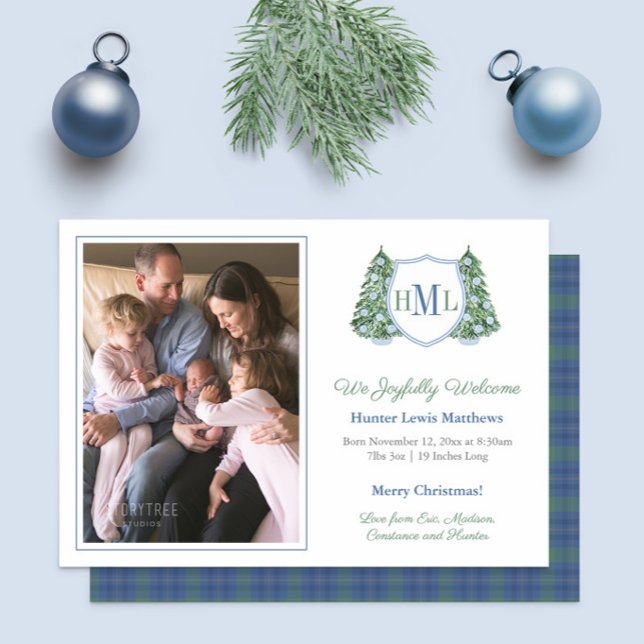 Anuncio Elegante Navidades verdes azules foto bebé bebé be (Chinoiserie Chic Christmas Birth announcement card for boy in dark blue and green with tartan backer)